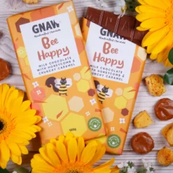 Gnaw Chocolate Bee Happy Milk Chocolate with Honeycomb & Crunchy Caramel Chocolate Bar- Chocolate