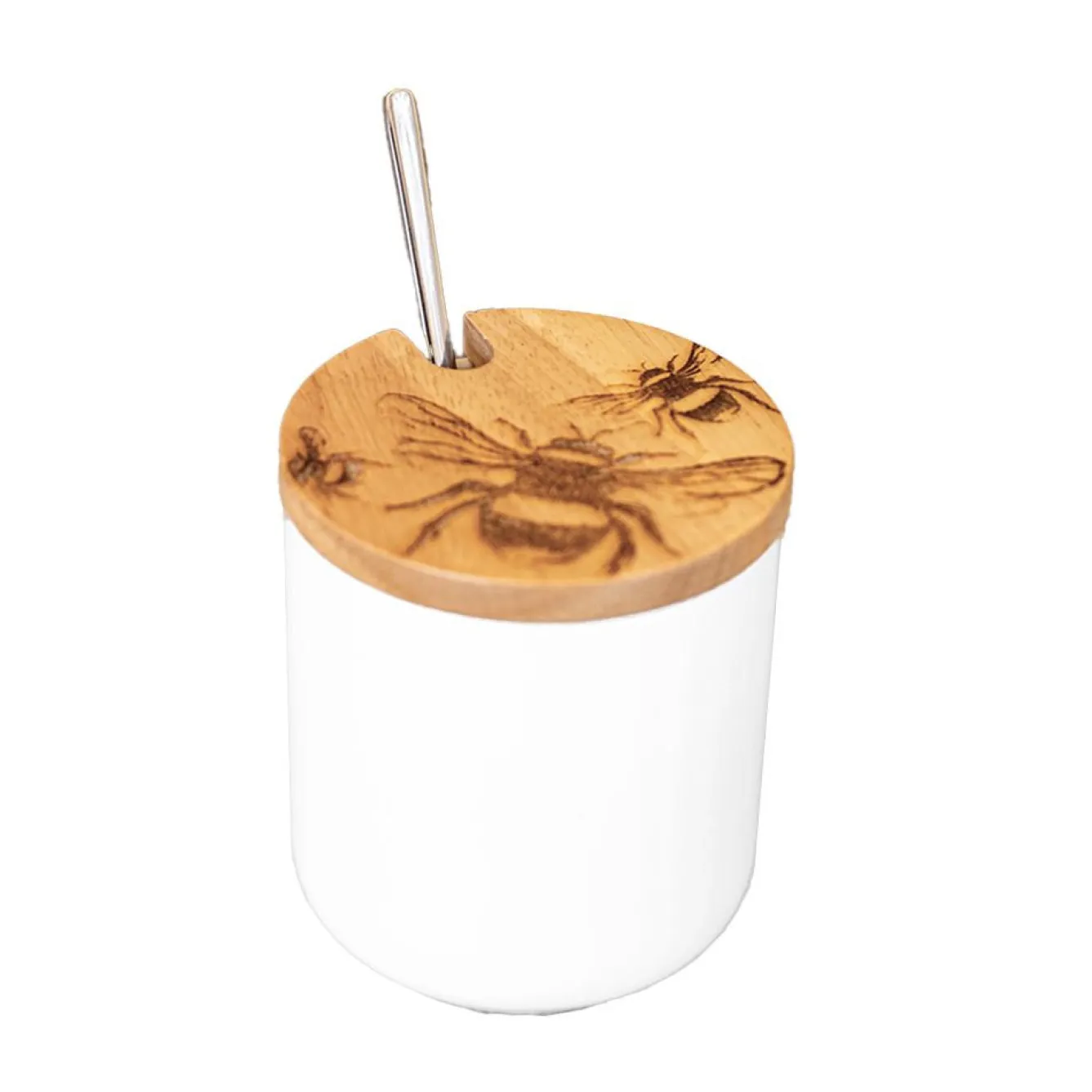 Selbrae Bee Oak & Ceramic Jar & Spoon Set Dish- Tea|Jam Pots