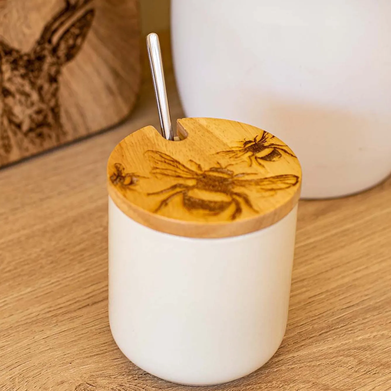 Selbrae Bee Oak & Ceramic Jar & Spoon Set Dish- Tea|Jam Pots