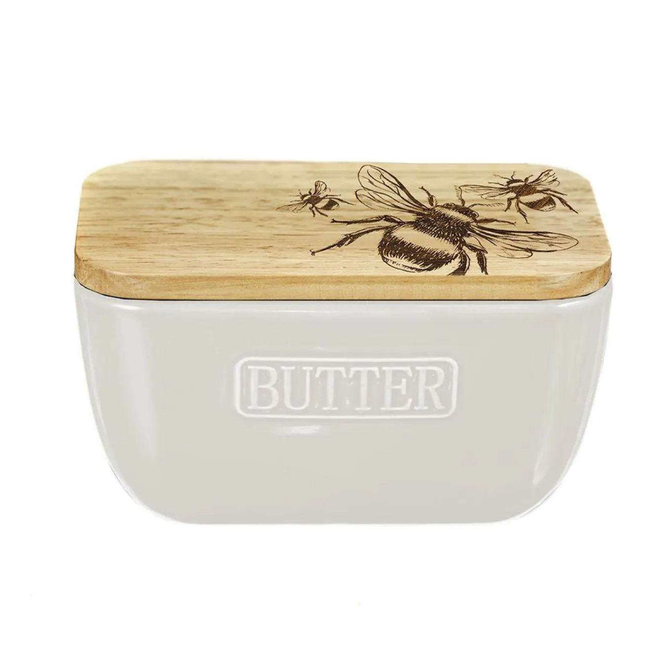 Selbrae Bee Oak & Ceramic White Butter Dish- Tea|Butter Dishes