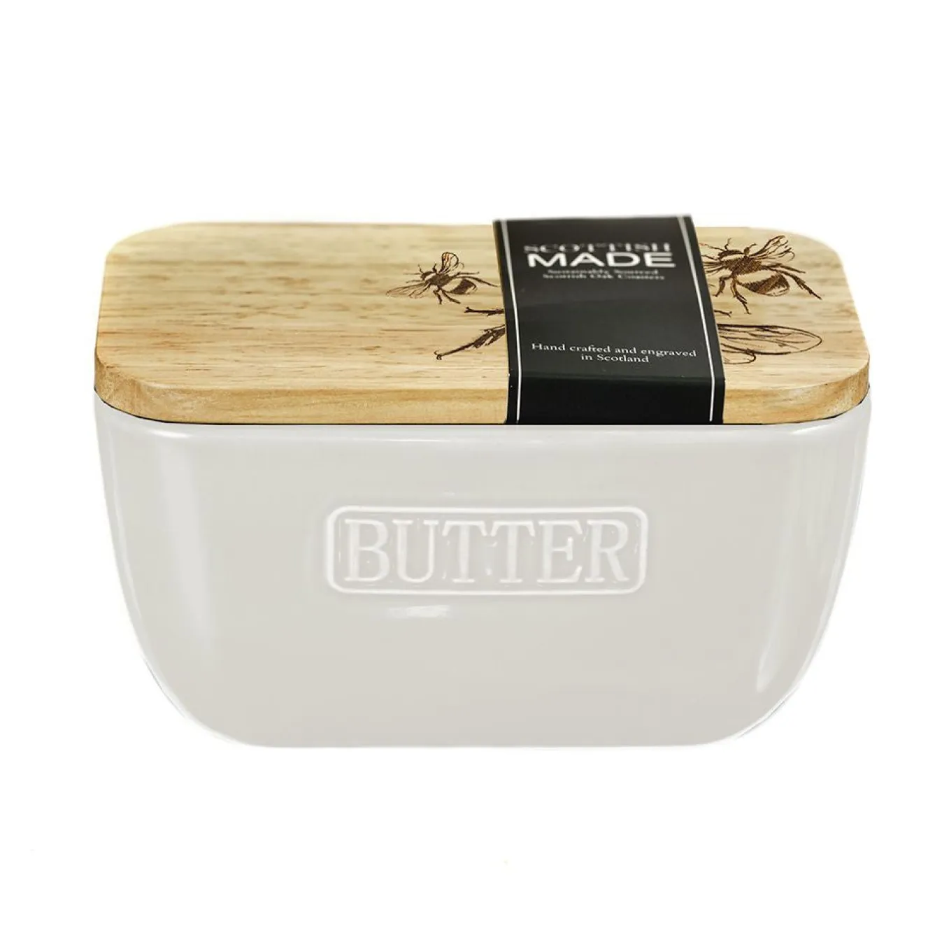 Selbrae Bee Oak & Ceramic White Butter Dish- Tea|Butter Dishes