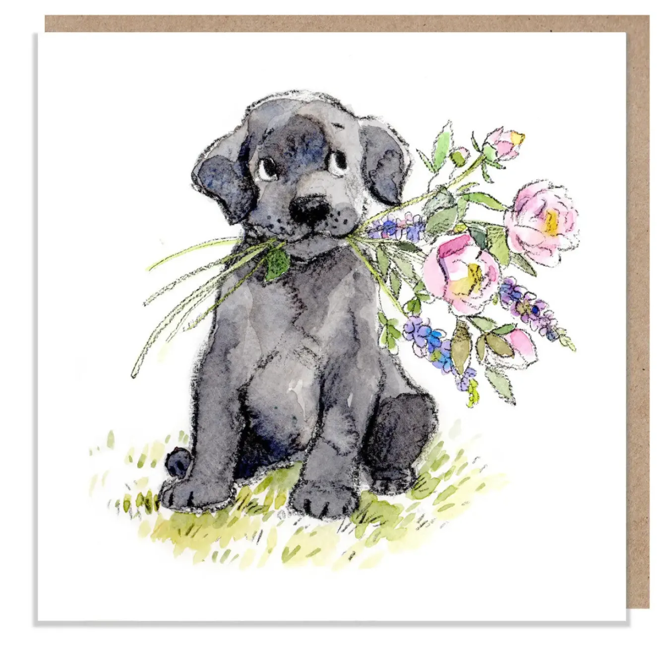 Paper Shed Design Black Labrador with Flowers Greetings Card- Greeting Cards