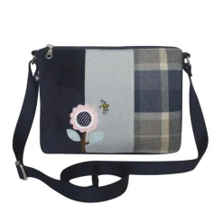 Earth Squared Bags Blue Tweed Applique Pink Sunflower Messenger Bag- Bags
