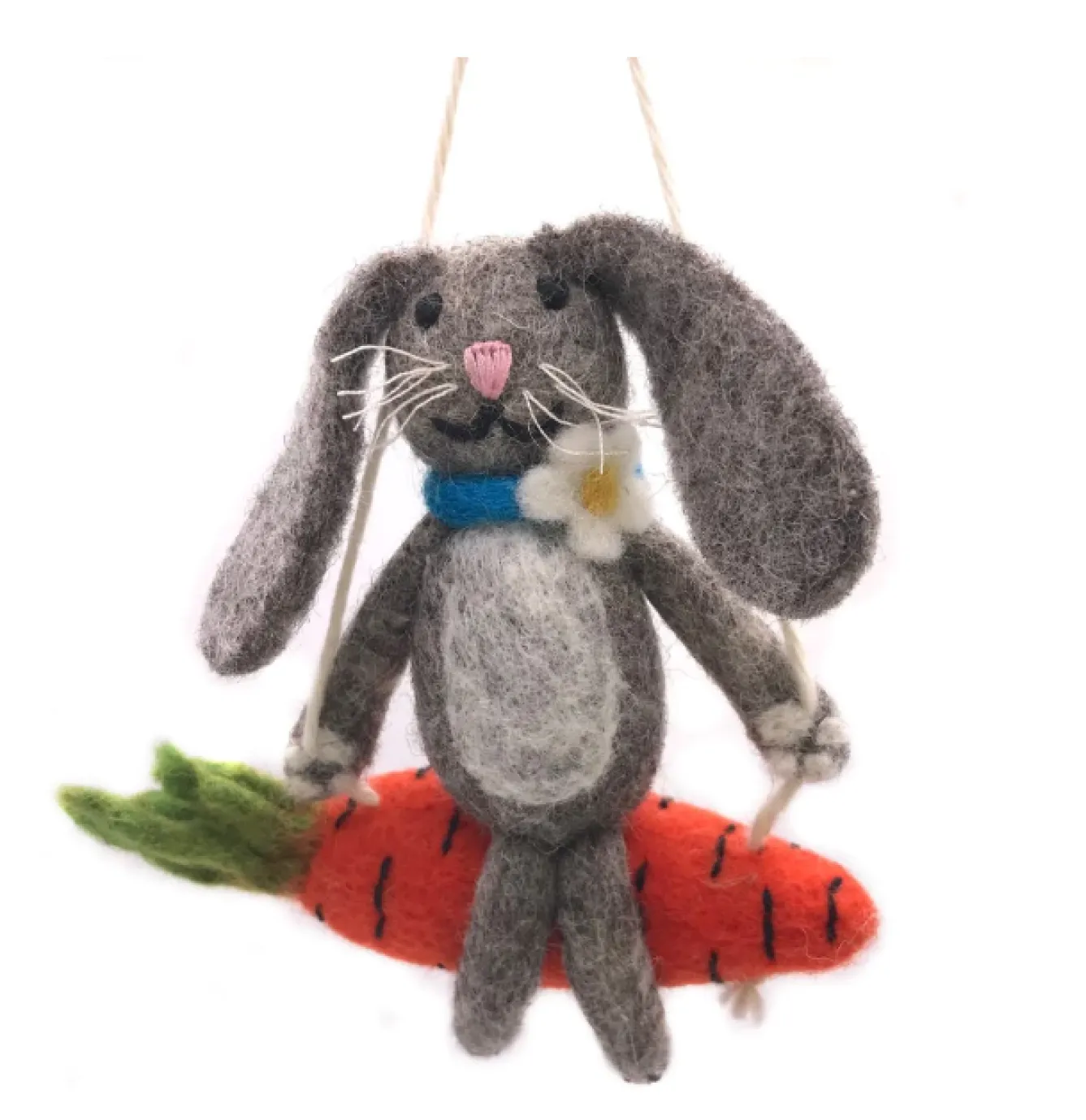 Amica Felt Bunny on a Carrot Swing Felt Decoration- Easter|Seasonal Decor