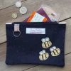 Poppy Treffry Busy Bee Flat Embroidered Zip Purse with Keyring- Storage|Key Chains