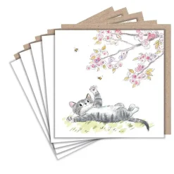 Paper Shed Design Cat and Cherry Blossoms Set of 5 Notecards- Greeting Cards