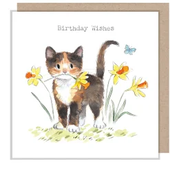 Paper Shed Design Cat with Daffodils "Birthday Wishes" Greetings Card- Greeting Cards