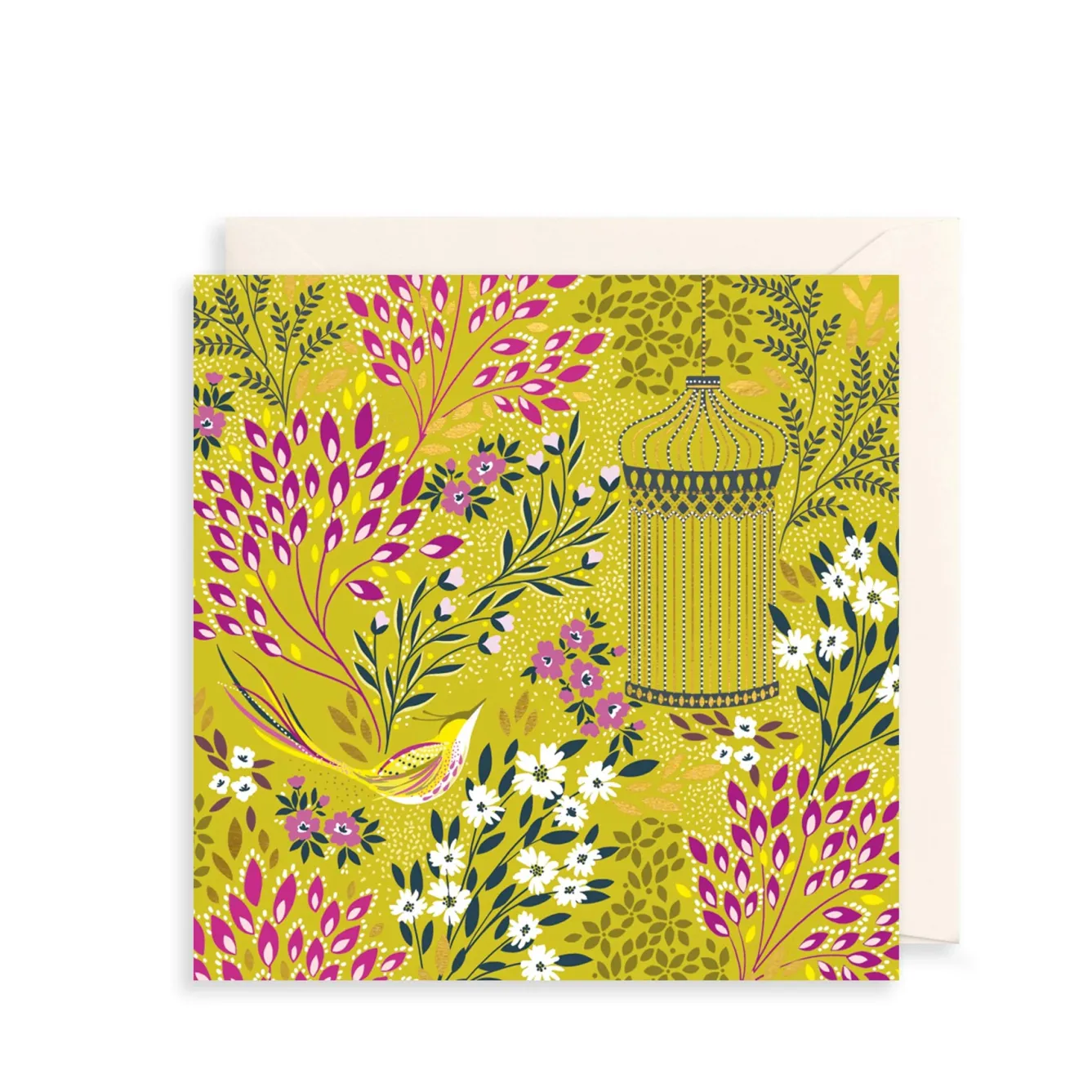 The Art File Chartreuse Florals & Bird Greeting Card- Greeting Cards
