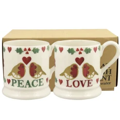 Emma Bridgewater Christmas Joy 'Peace and Love' Robins Set of 2 Half Pint Mugs 2023- Jugs|Christmas