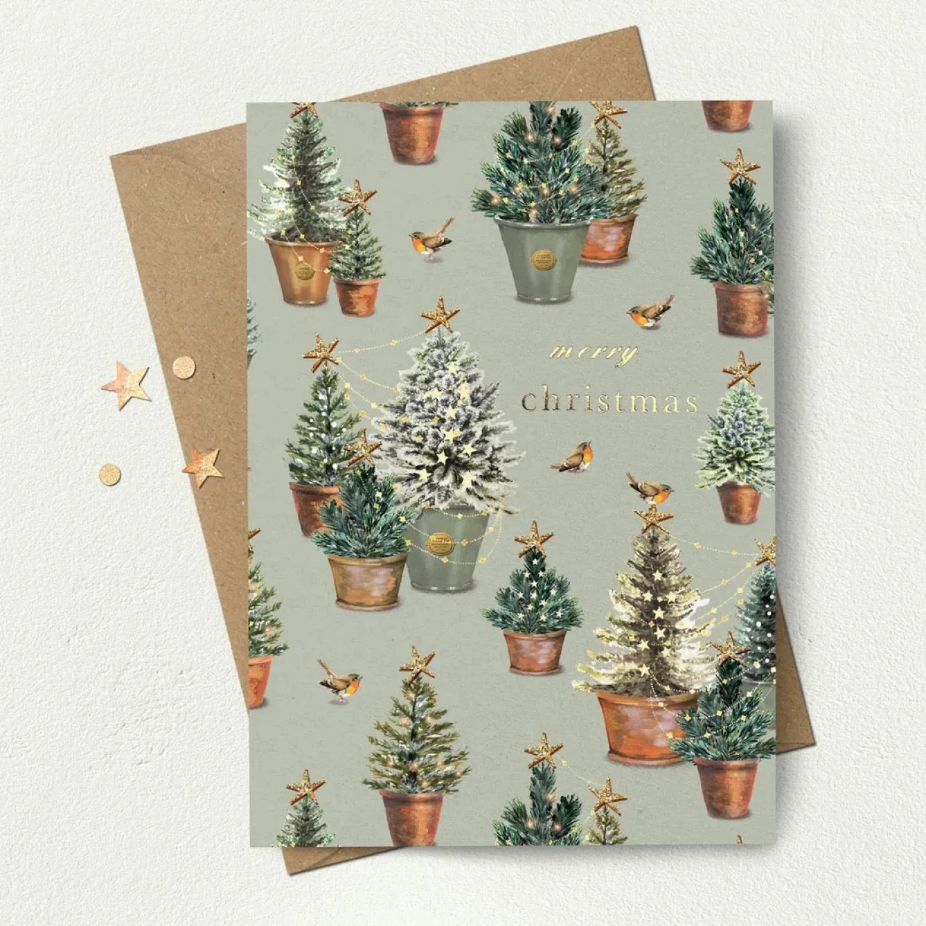 Stephanie Davies Christmas Tree Pots Greeting Card- Greeting Cards