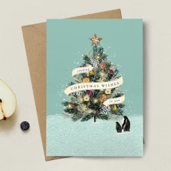 Stephanie Davies Christmas Tree with Penguins Christmas Card- Greeting Cards