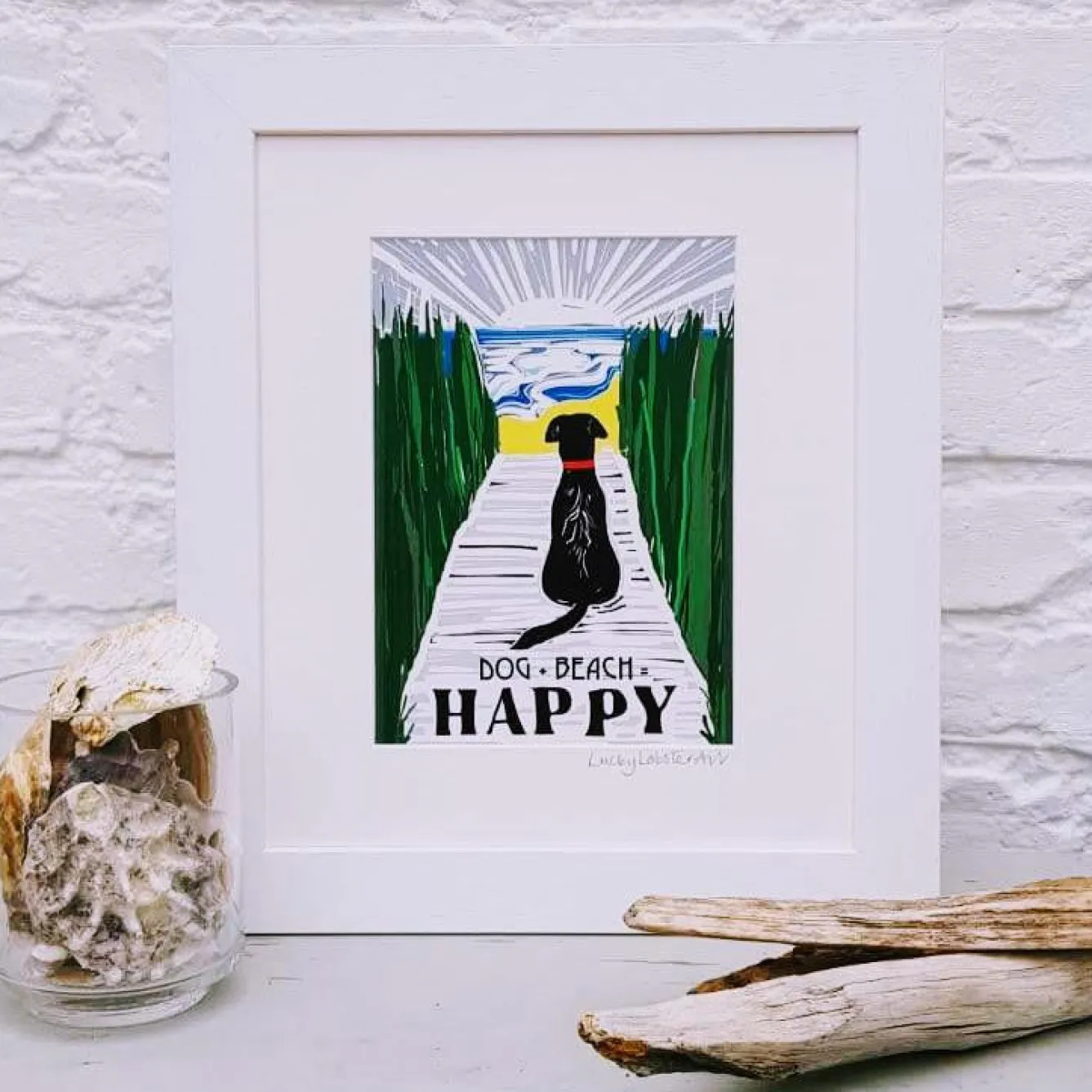 Lucky Lobster Dog + Beach = Happy Print Framed- Art