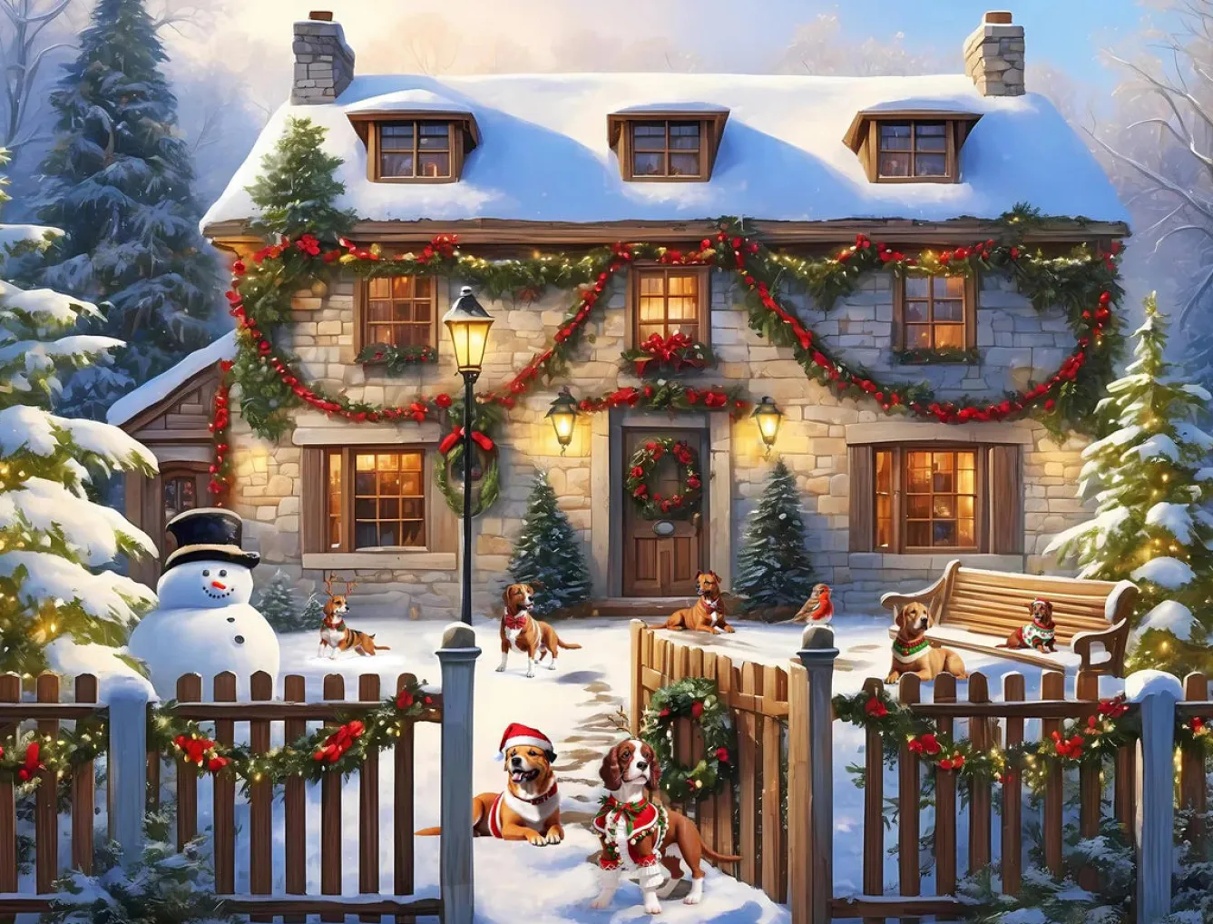 All Jigsaw Puzzles Dogs in a Christmas Cottage Garden 500 Piece Jigsaw Puzzle- Puzzles