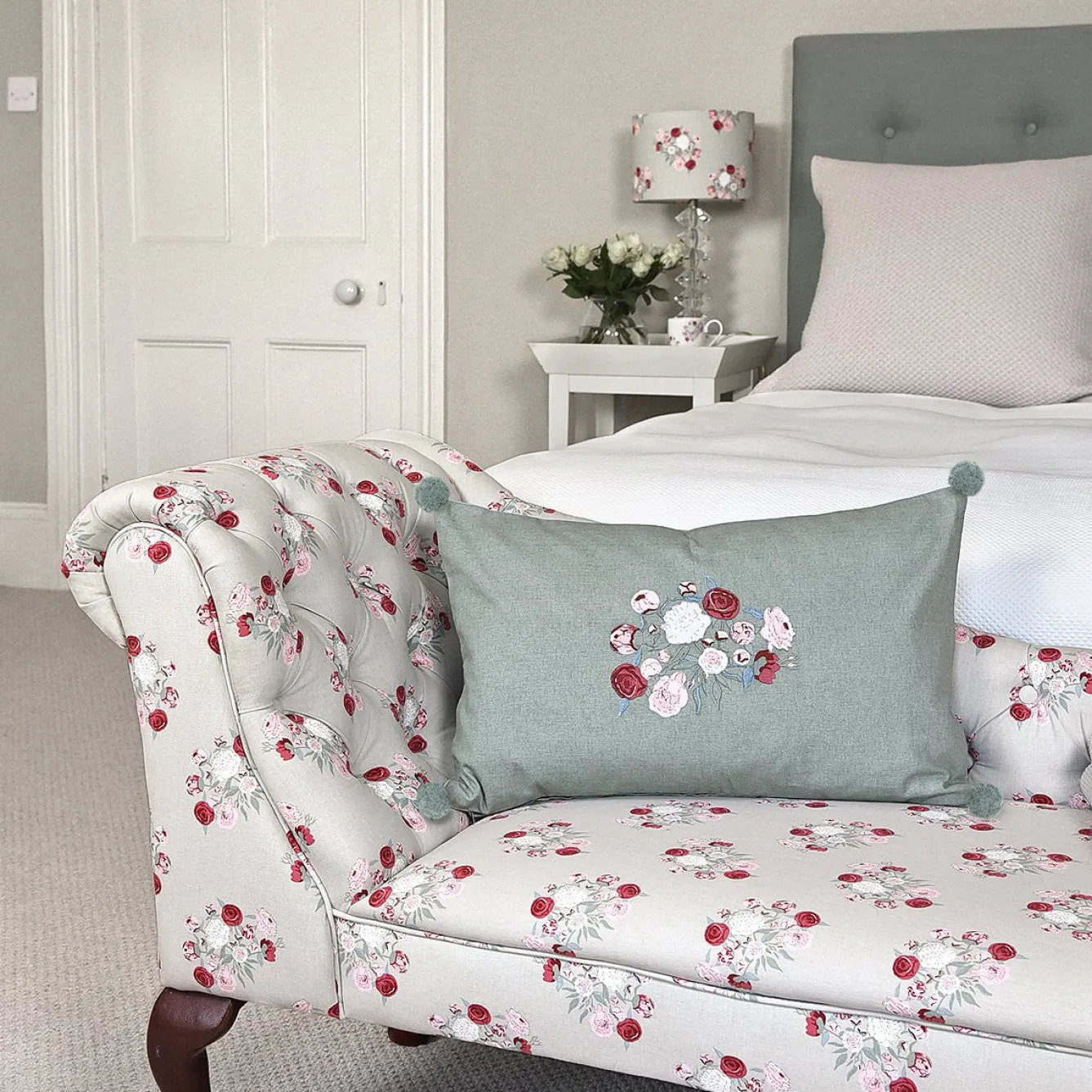 Sophie Allport Embroidered Peony Cotton Pillow- Pillows & Throws