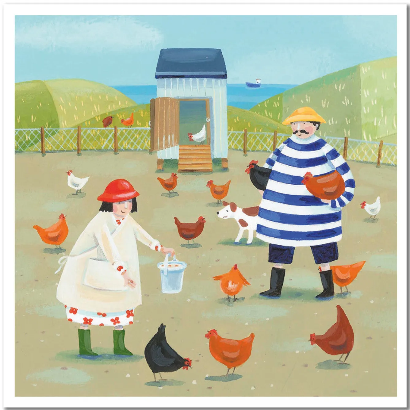 Emma Ball Feeding the Hens Greetings Card- Greeting Cards