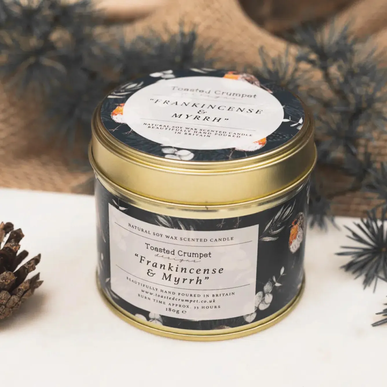 Toasted Crumpet Frankincense & Myrrh Candle in a Matte Gold Tin- Christmas