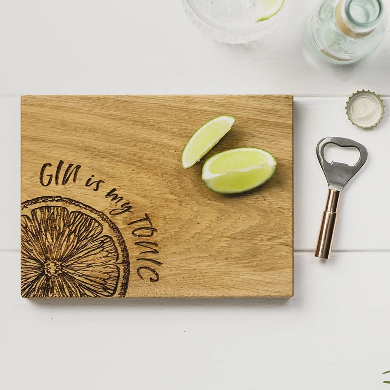 Selbrae Gin is My Tonic Oak Cutting Board & Bottle Opener Set- Tea|Serving Plates & Boards