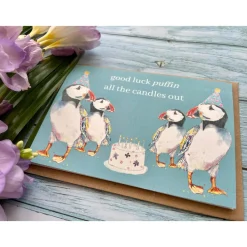 Jen Winnett Good Luck Puffin All the Candles Out Eco-card- Greeting Cards