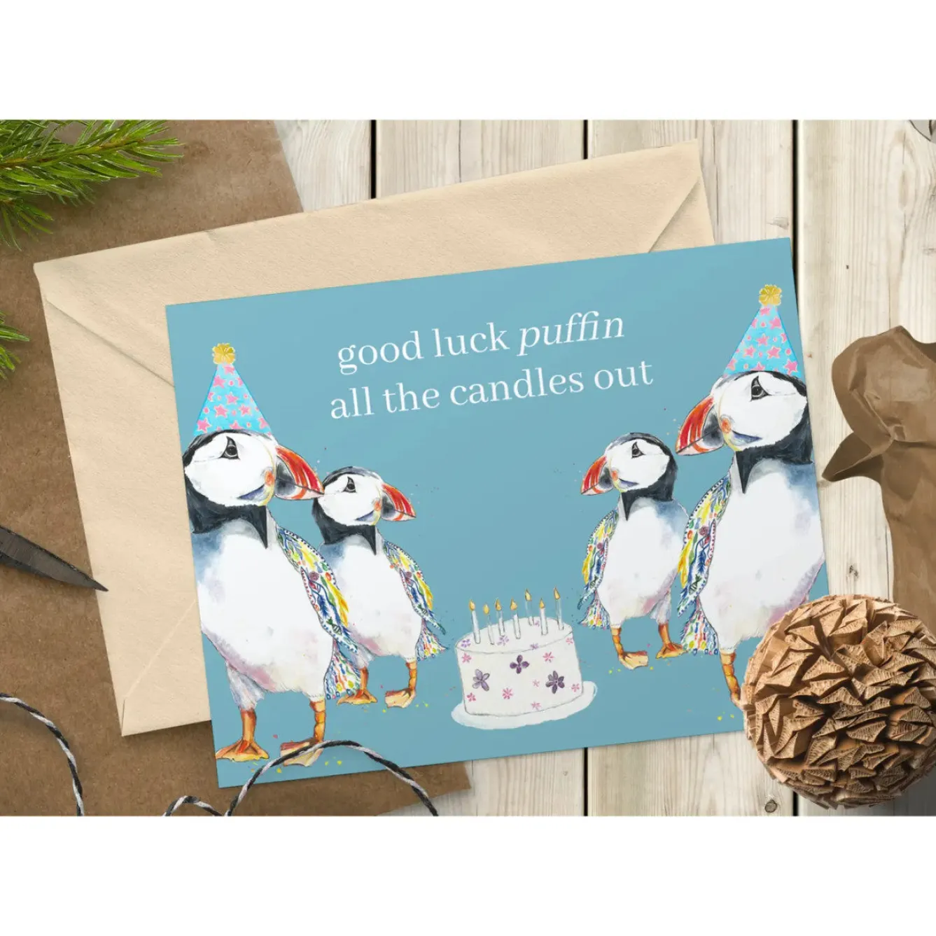 Jen Winnett Good Luck Puffin All the Candles Out Eco-card- Greeting Cards