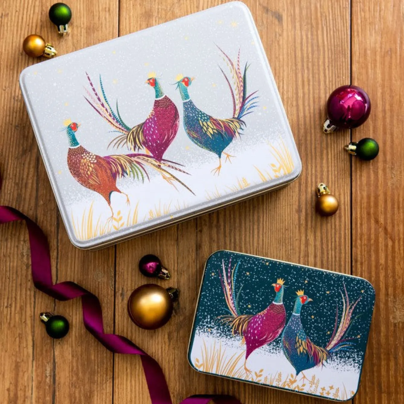 Sara Miller London Grey Pheasants Deep Rectangular Tin- Christmas|Seasonal