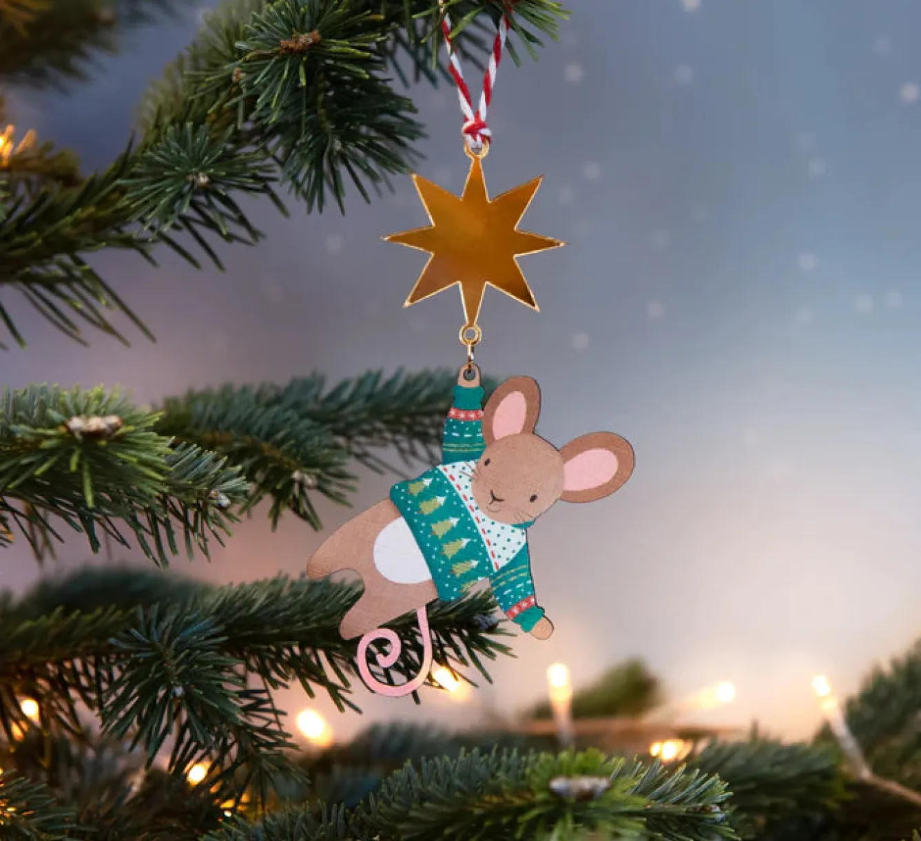 Dapple & Dot Hanging Mouse and Star Wooden Christmas Decorations- Christmas