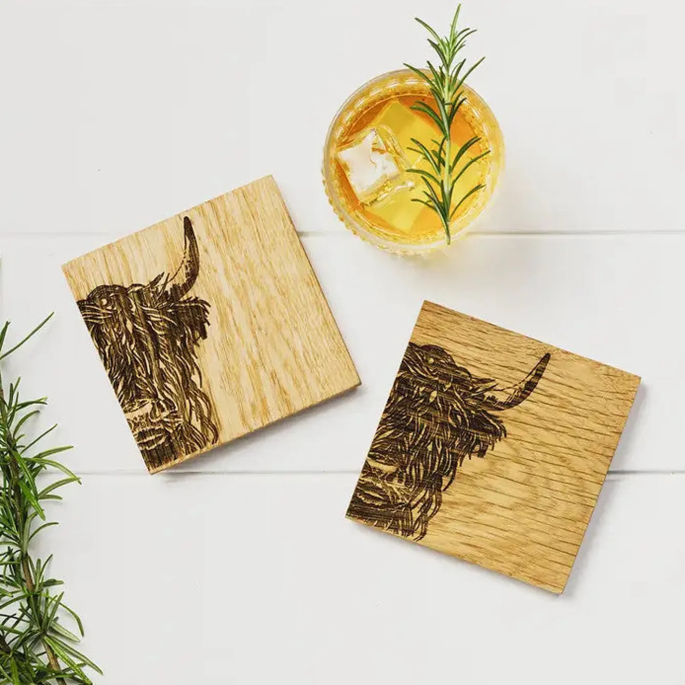 Selbrae Highland Cow Oak Coasters - Set of 2- Father's Day|Tea