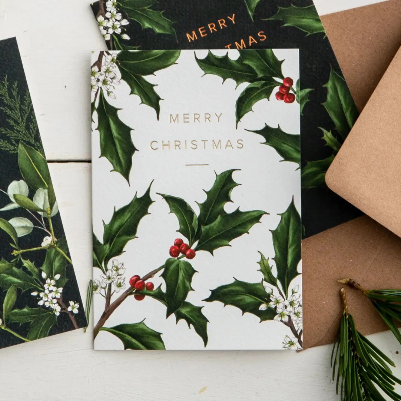 Catherine Lewis Holly Border - White - Christmas Card- Christmas Cards|Christmas
