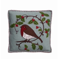 Jan Constantine Holly Robin Pillow - Duck Egg Blue- Seasonal Decor|Pillows & Throws