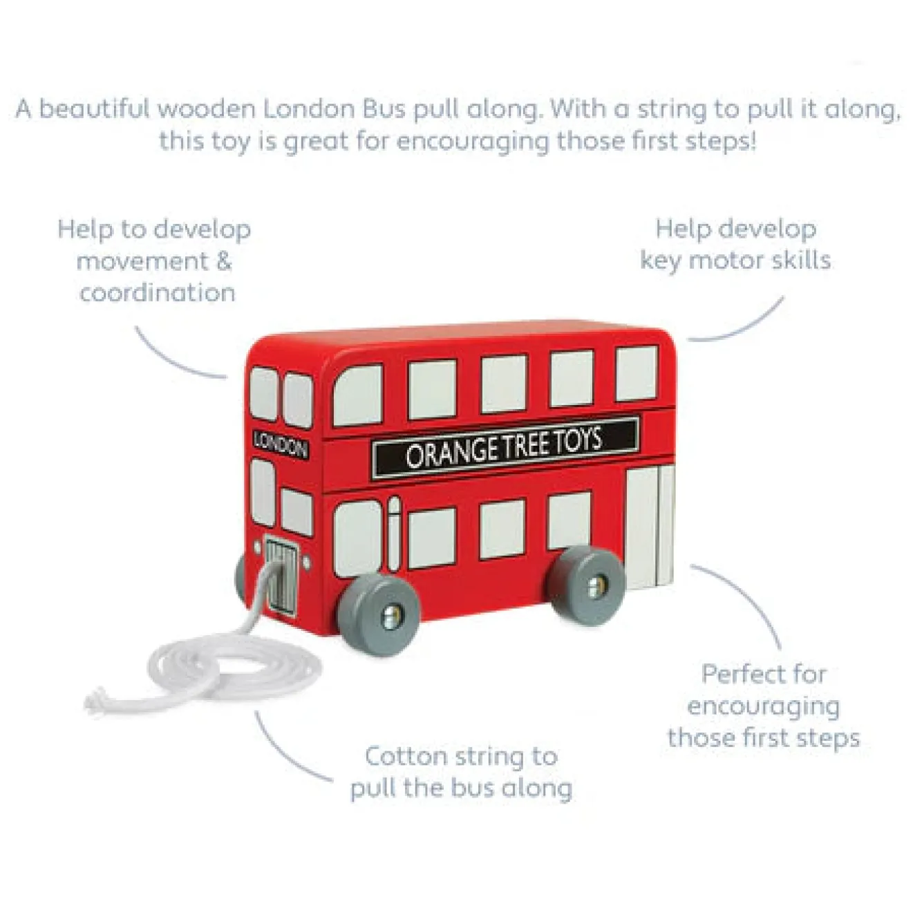 Orange Tree Toys London Bus Pull Along Toy- Children