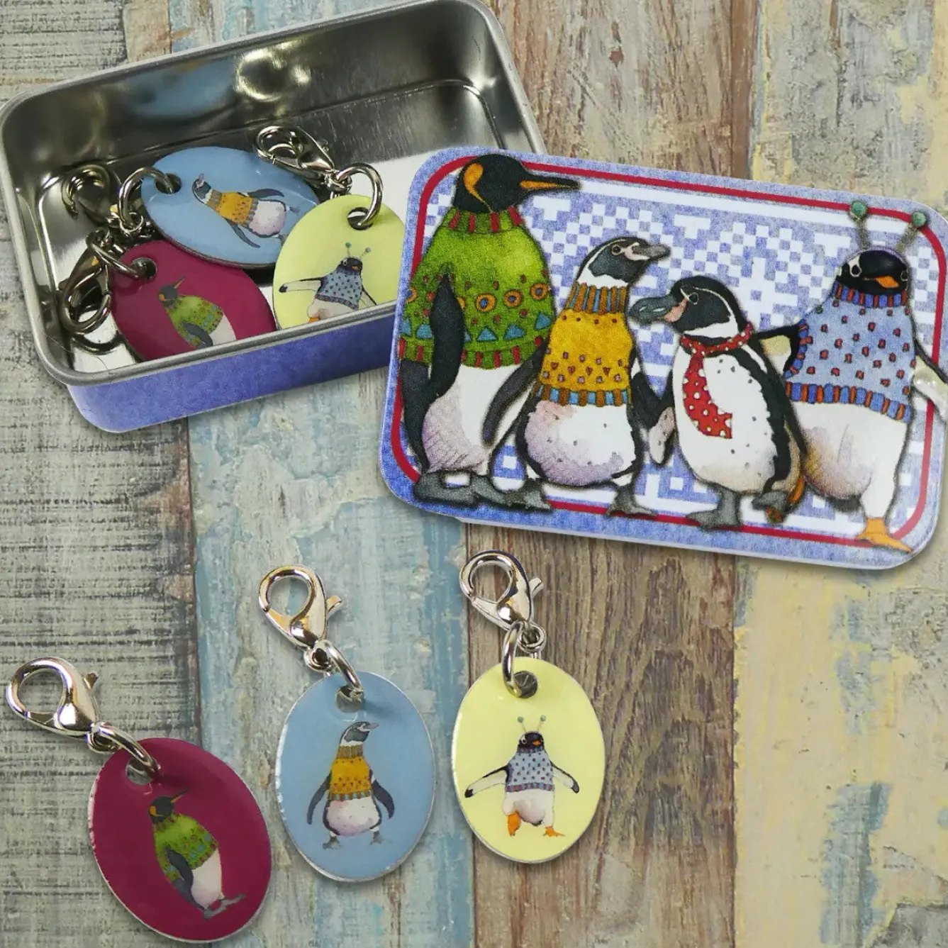Emma Ball Penguins in Pullovers Set of 6 Stitch Crochet Markers in a Pocket Tin- Stationery|Crafts