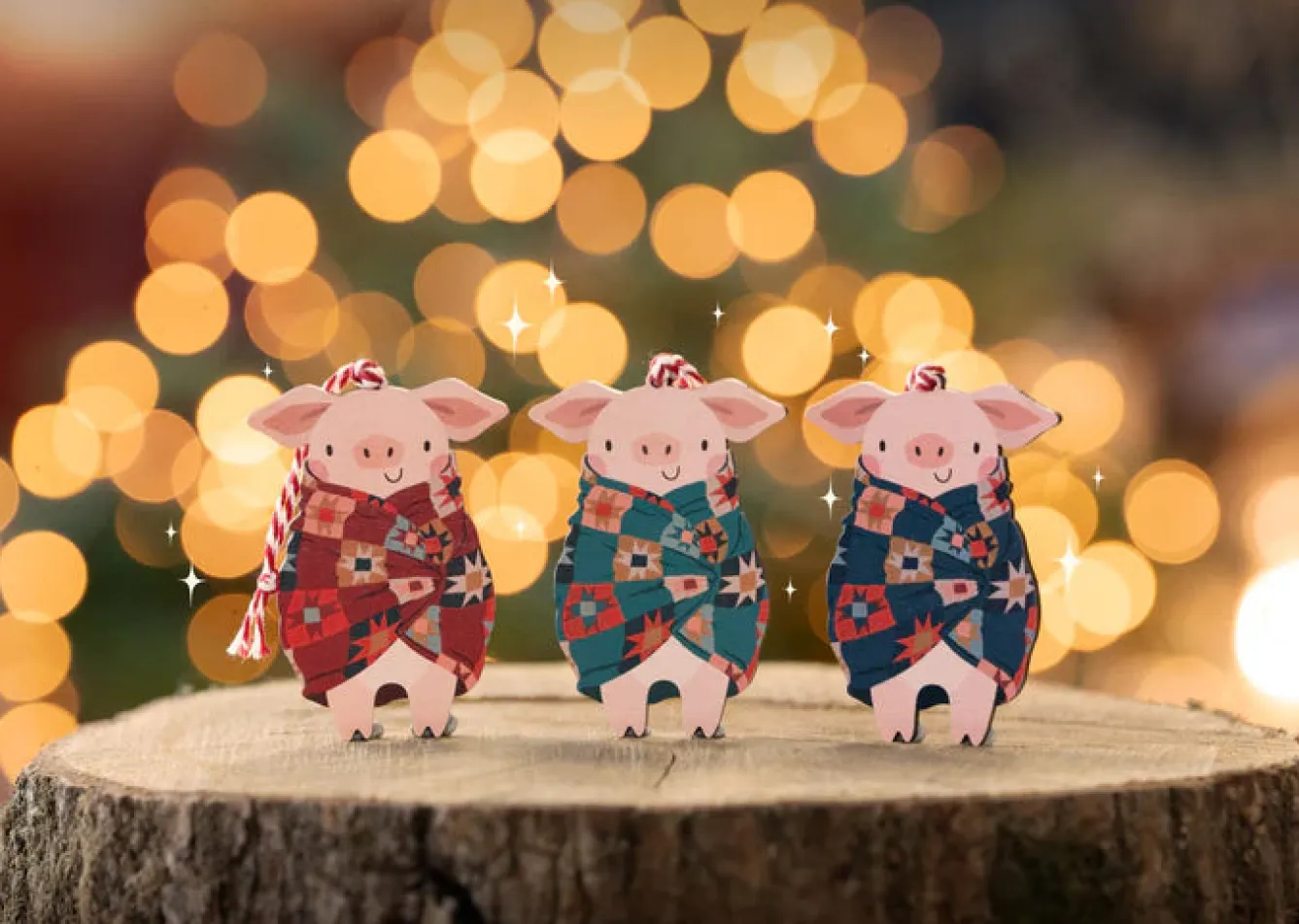 Dapple & Dot Pigs in Blankets Wooden Christmas Decorations- Christmas