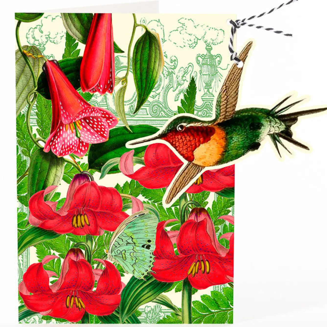 Madame Treacle Red Tiger Lily Humming Bird Hanging Fandangle Card- Greeting Cards
