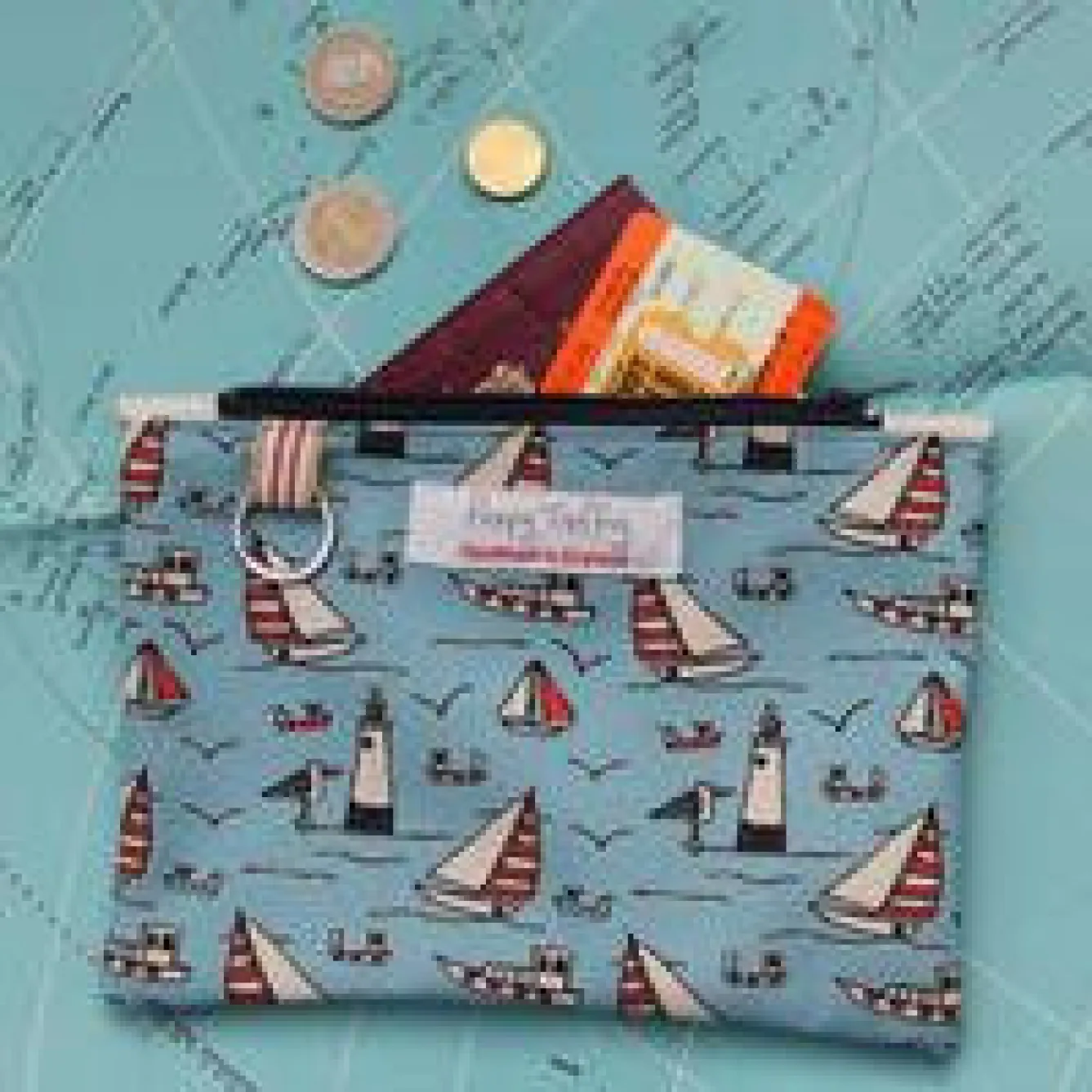 Poppy Treffry Seaside Flat Zip Purse with Keyring- Storage|Key Chains