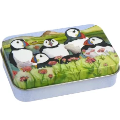 Emma Ball Sea Thrift Puffins Hinged Small Rectangular Tin- Seaside|Storage
