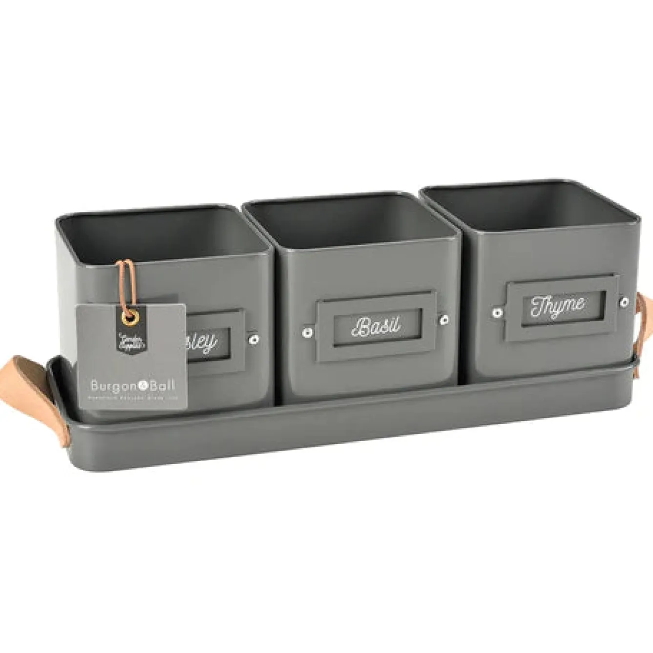 Burgon & Ball Set of 3 Herb Pots in a Leather Handled Tray - Grey- Gardening|Gardening
