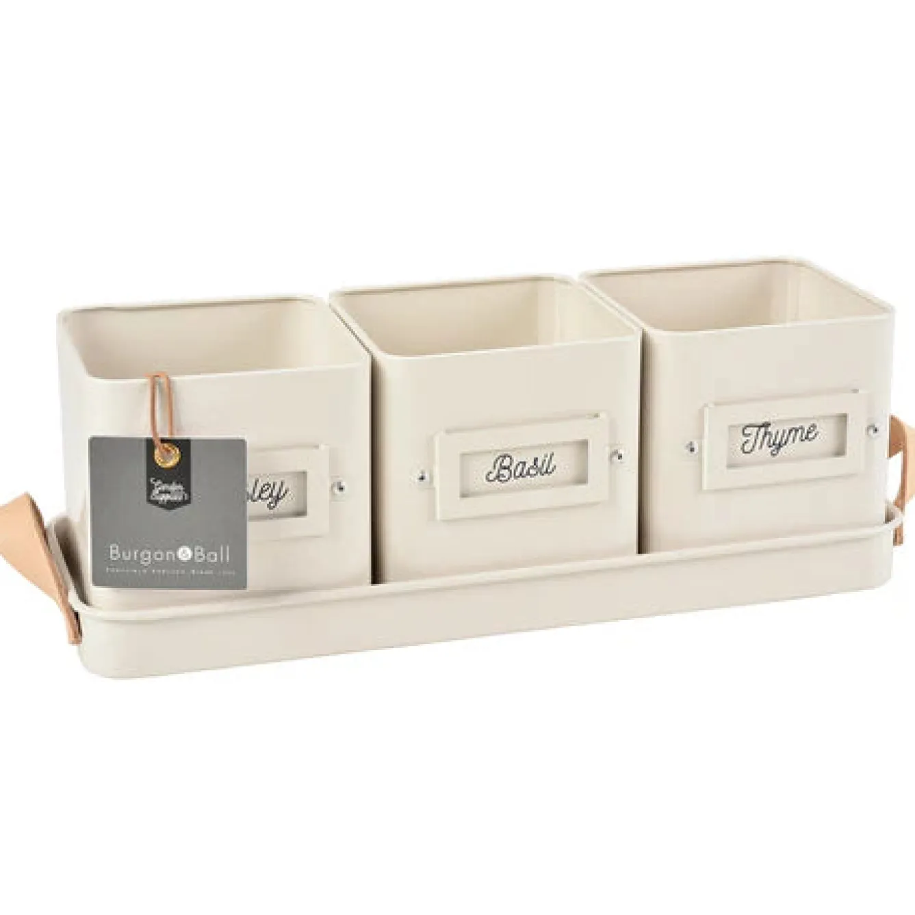 Burgon & Ball Set of 3 Herb Pots in a Leather Handled Tray - Stone- Gardening|Gardening