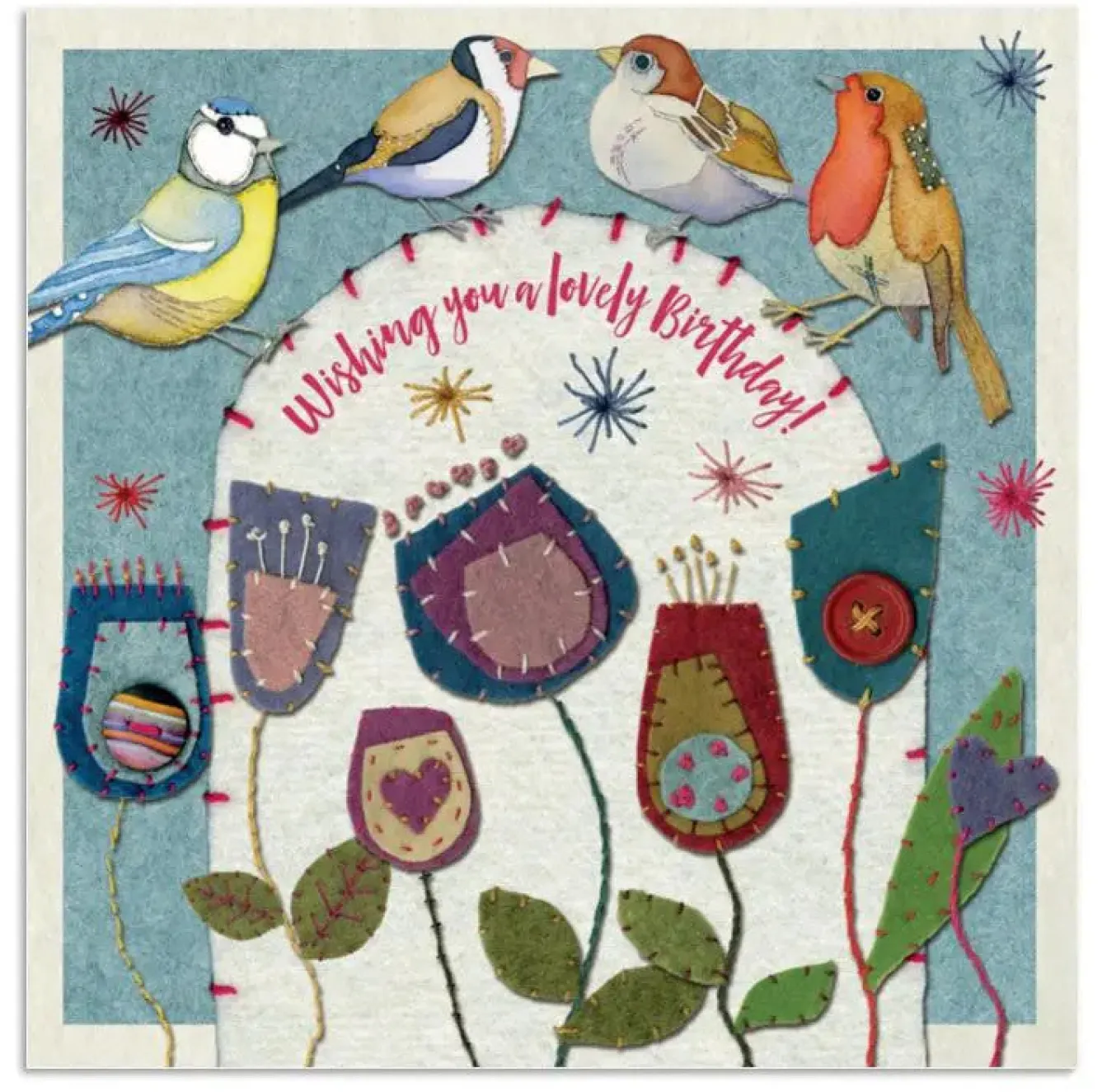 Emma Ball Stitched Birdies Lovely Birthday Greetings Card- Greeting Cards