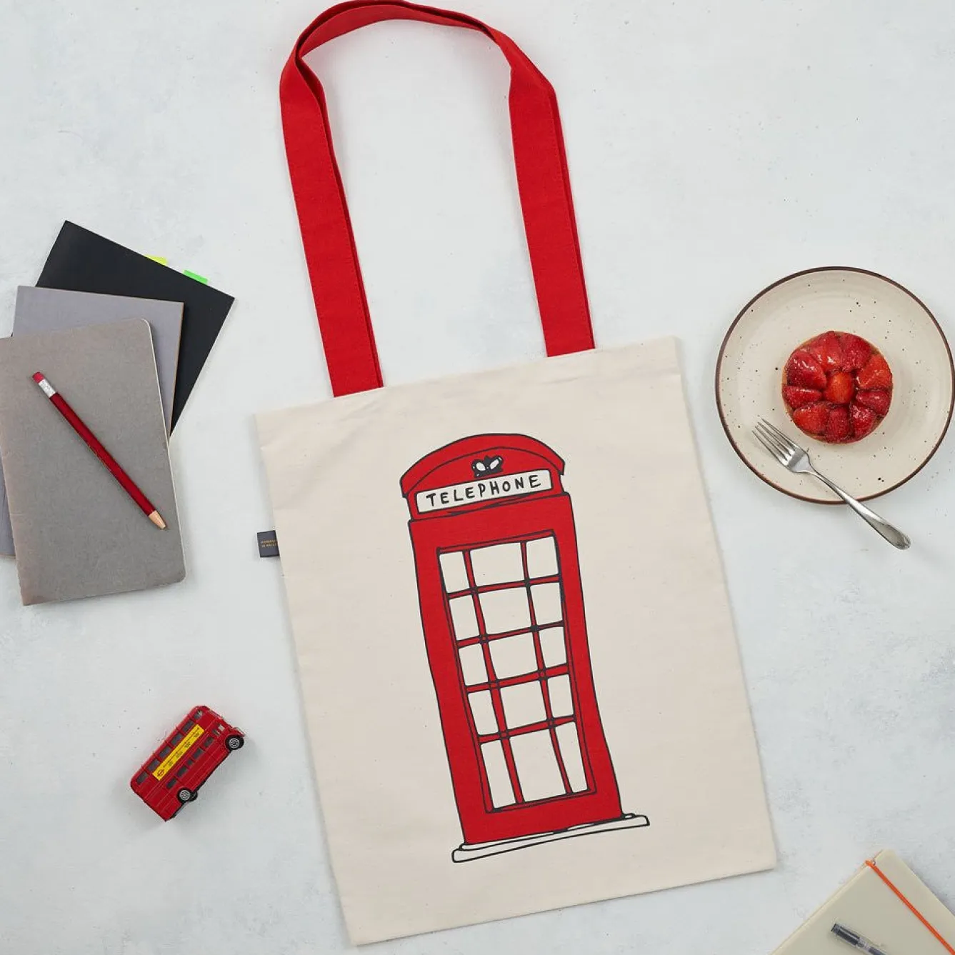 Victoria Eggs Telephone Box and London Bus Canvas Tote Bag- Bags
