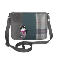 Earth Squared Bags Tweed Applique Cat with Scarf Messenger Bag- Bags