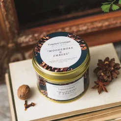 Toasted Crumpet Woodsmoke & embers Candle in a Matte Gold Tin- Christmas