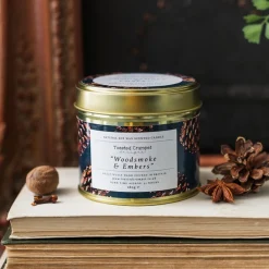 Toasted Crumpet Woodsmoke & embers Candle in a Matte Gold Tin- Christmas