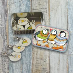 Emma Ball Woolly Puffins Set of 6 Stitch Crochet Markers in a Pocket Tin- Crafts