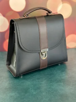 Zatchels Handmade Leather Kensington Handbag -Black with Brown Contrast- Bags