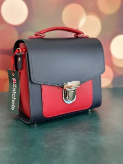 Zatchels Handmade Leather Sugarcube Plus Handbag - Navy with Red Contrast- Bags