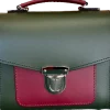 Zatchels Handmade Leather Sugarcube Plus Handbag - Ivy Green with Oxblood Contrast- Bags