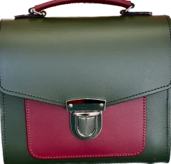 Zatchels Handmade Leather Sugarcube Plus Handbag - Ivy Green with Oxblood Contrast- Bags