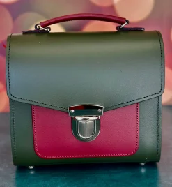 Zatchels Handmade Leather Sugarcube Plus Handbag - Ivy Green with Oxblood Contrast- Bags
