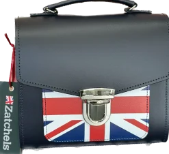 Zatchels Handmade Leather Sugarcube Plus Handbag - Navy with Union Jack- Bags